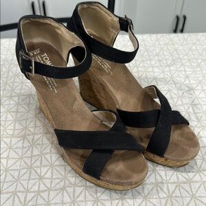 Toms Black Wedge Sandals with Cork Heel